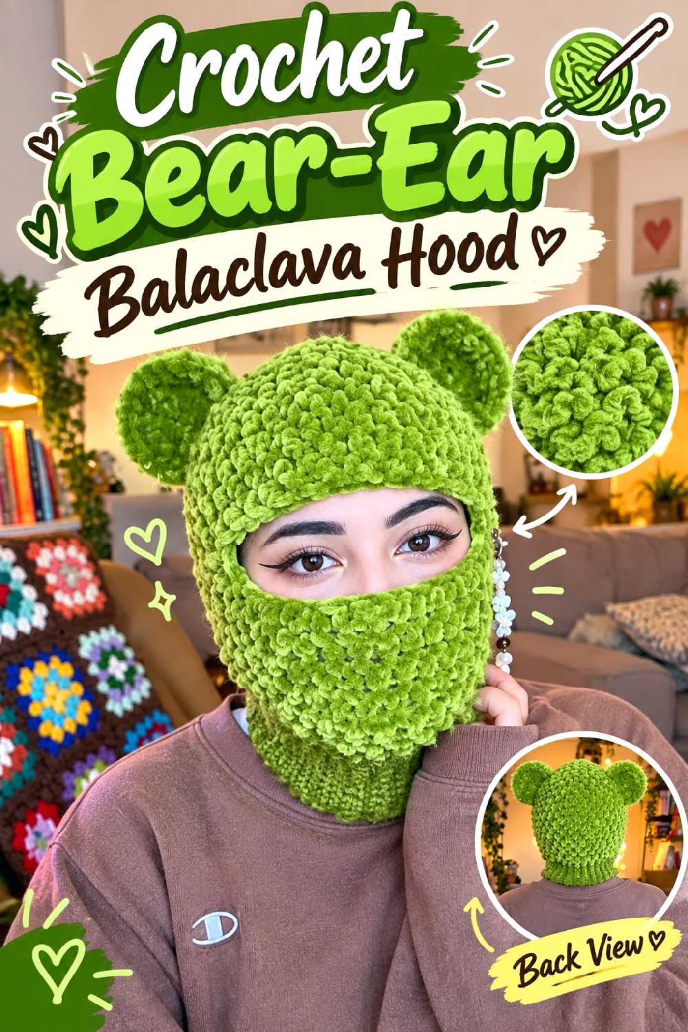 16. Crochet Bear Ear Balaclava Hood