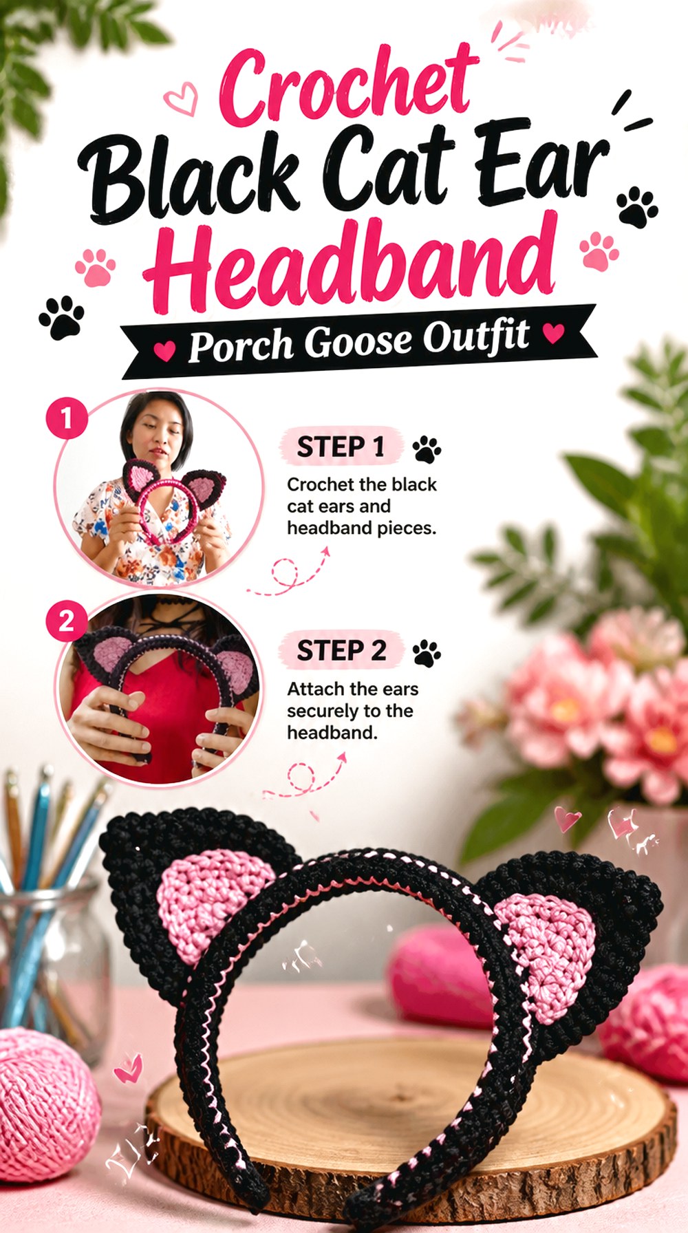 Crochet Black Cat Ear Headband Porch Goose Outfit