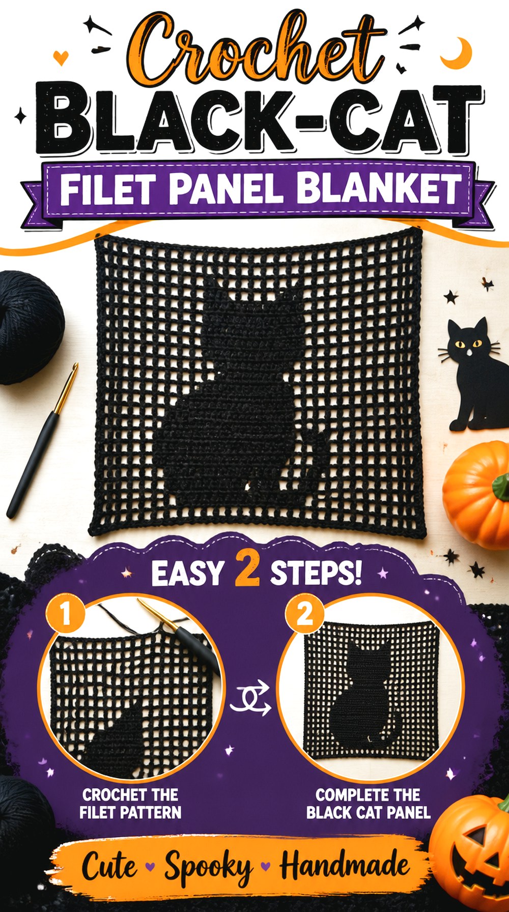 Crochet Black Cat Filet Panel Blanket