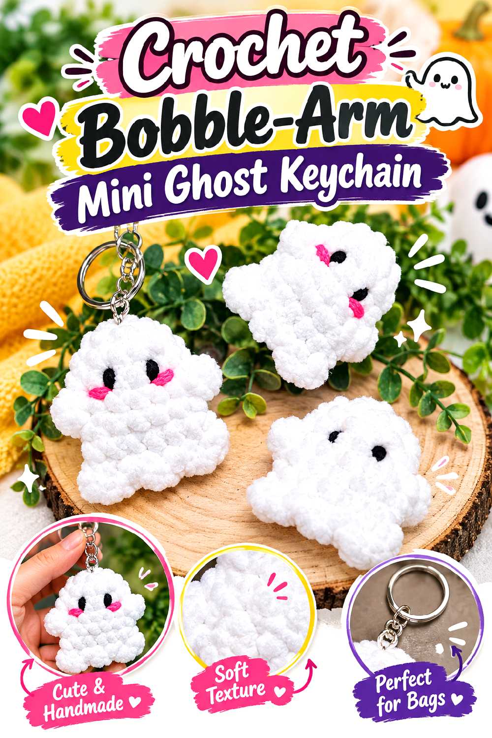 Crochet Bobble Arm Mini Ghost Keychain