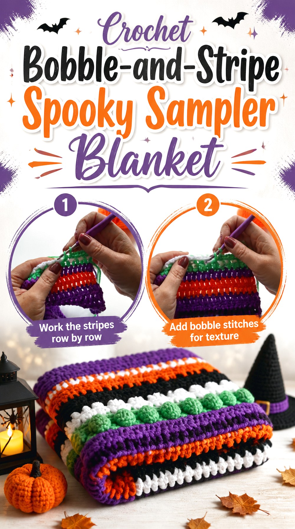 Crochet Bobble and Stripe Spooky Sampler Blanket