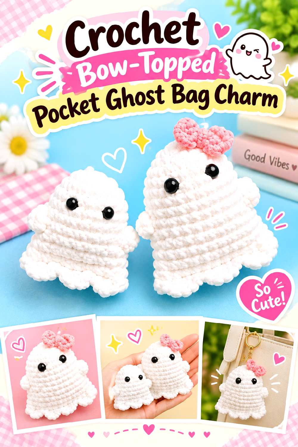 Crochet Bow Topped Pocket Ghost Bag Charm