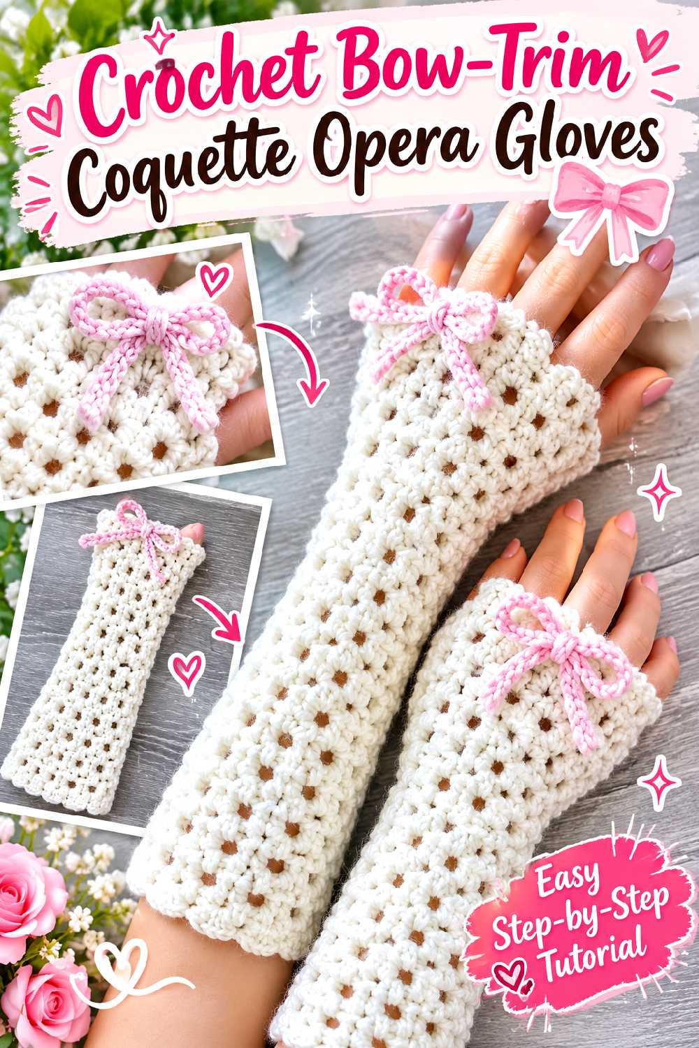 Crochet Bow Trim Coquette Opera Gloves