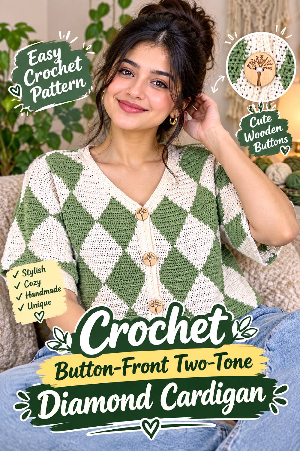 Crochet Button Front Two Tone Diamond Cardigan