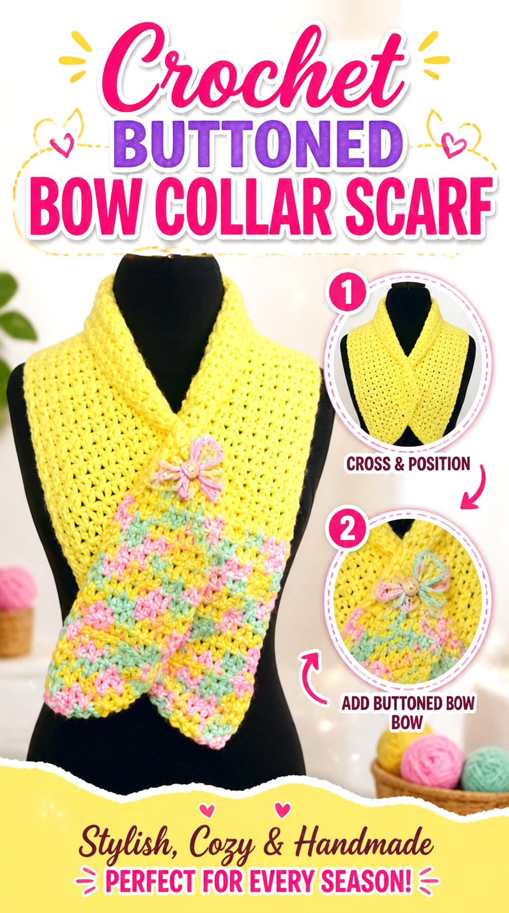 Crochet Buttoned Bow Collar Scarf
