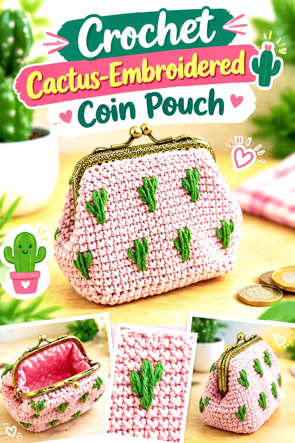Crochet Cactus Embroidered Coin Pouch