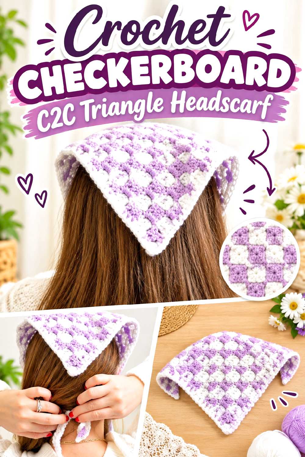 4. Crochet Checkerboard C2c Triangle Headscarf