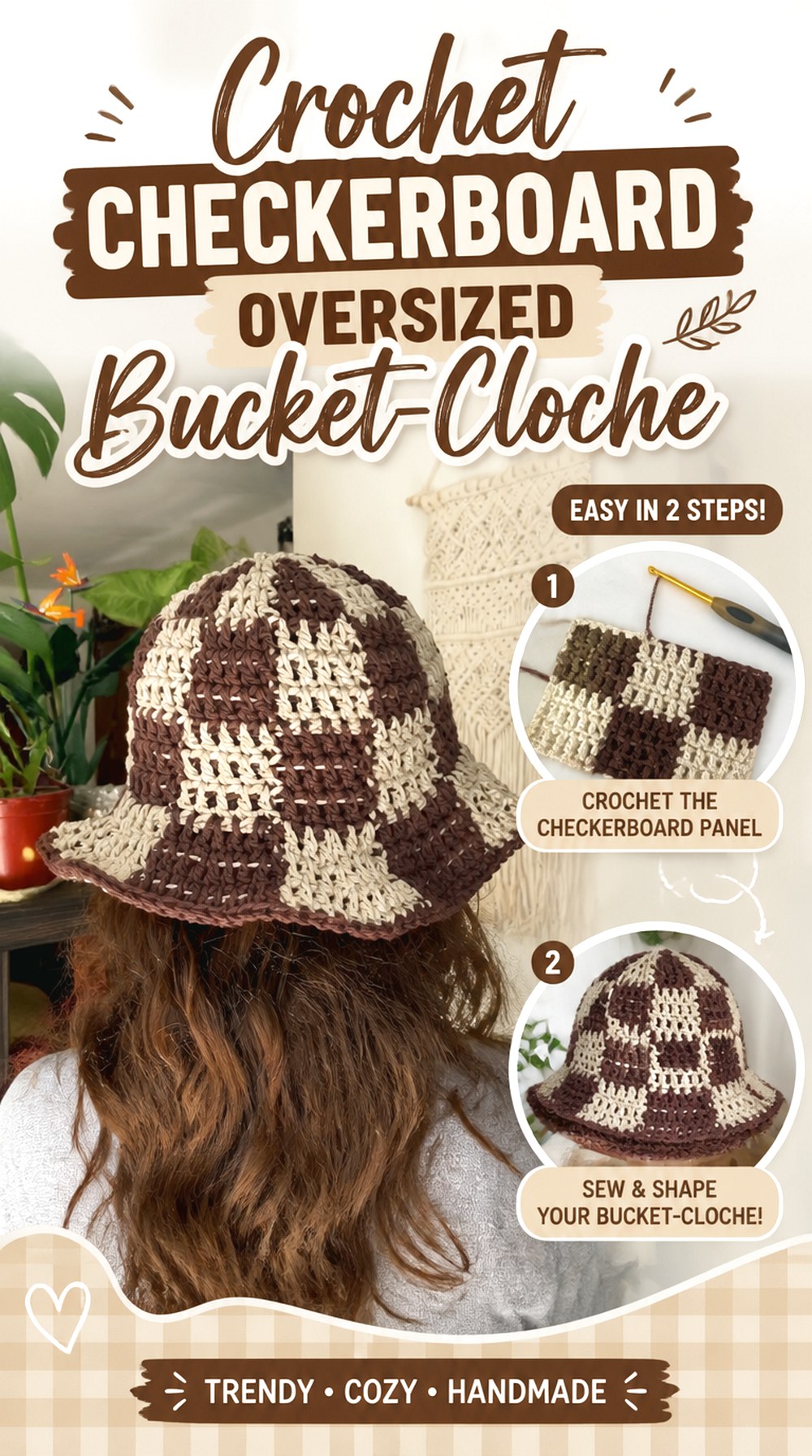 Crochet Checkerboard Oversized Bucket Cloche