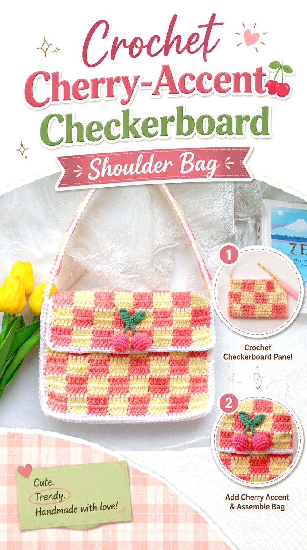 Crochet Cherry Accent Checkerboard Shoulder Bag