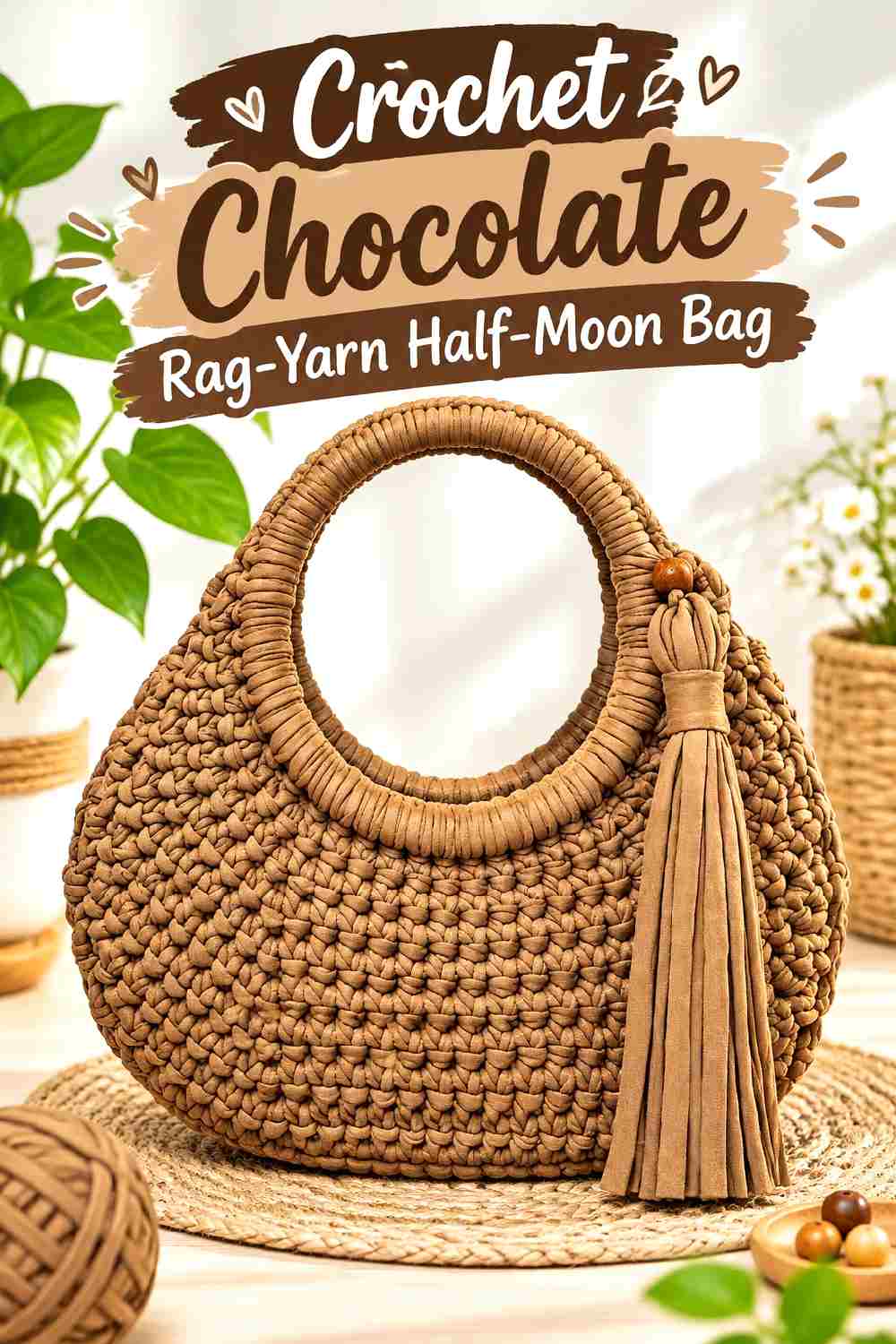 14. Crochet Chocolate Rag Yarn Half Moon Bag
