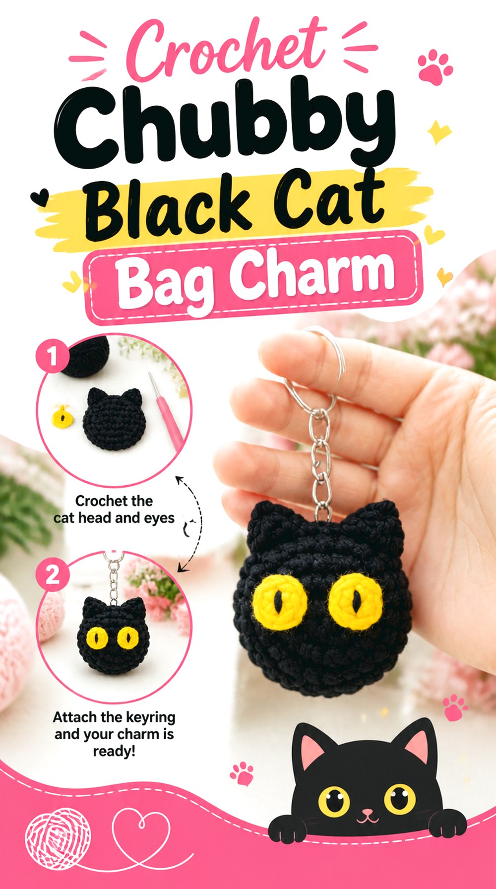 Crochet Chubby Black Cat Bag Charm