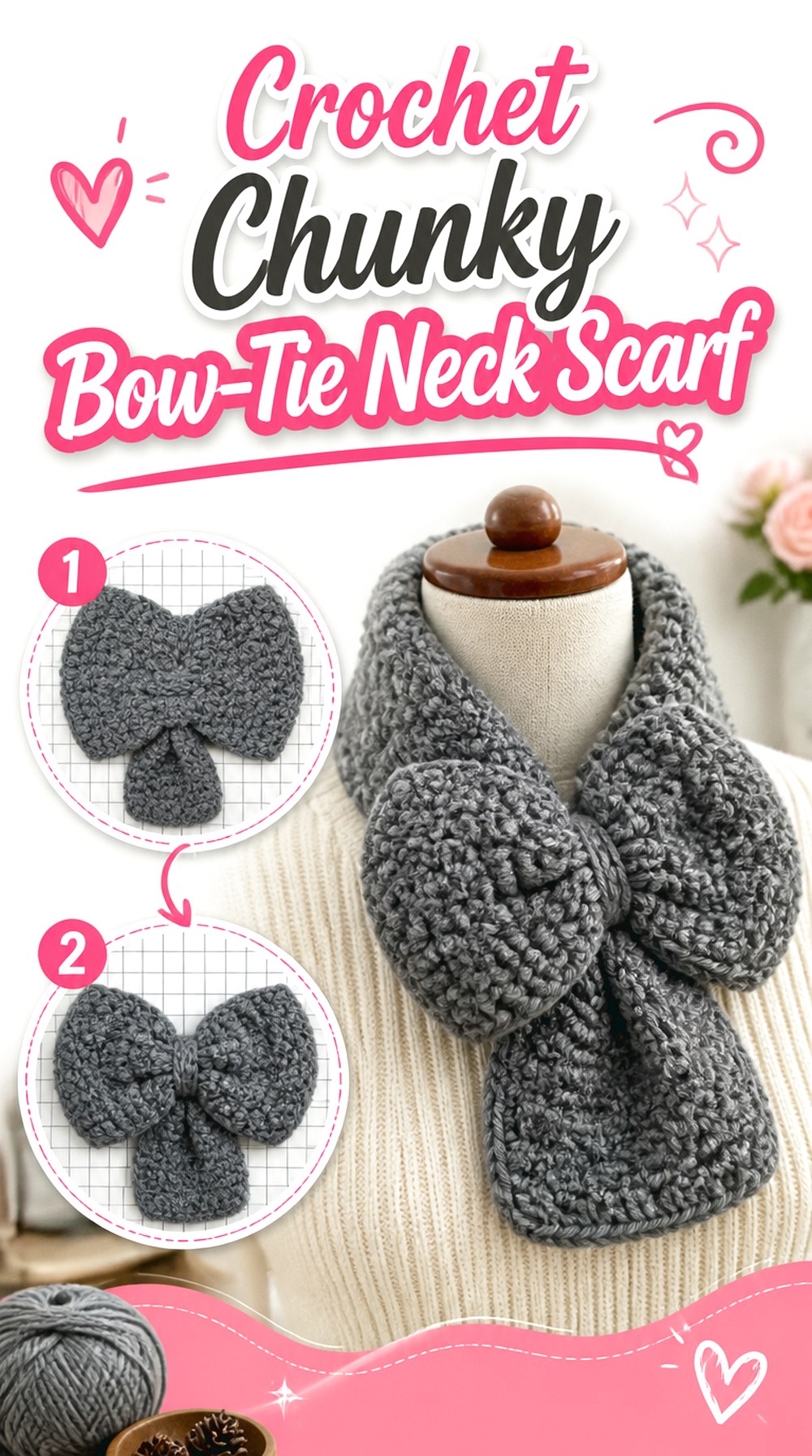 Crochet Chunky Bow Tie Neck Scarf