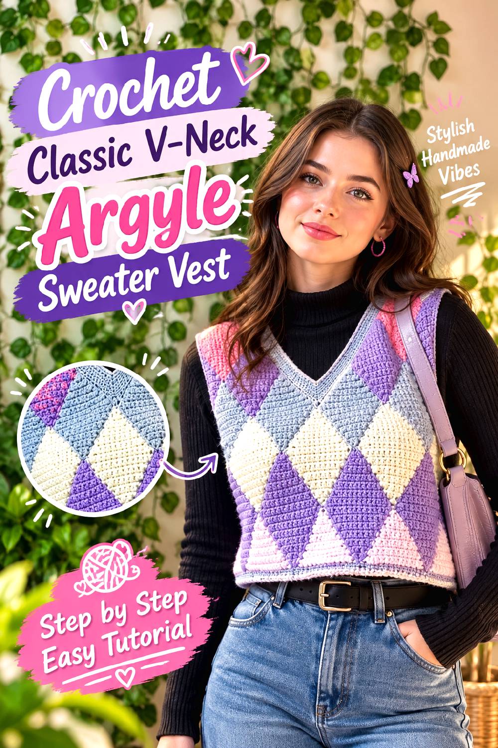 Crochet Classic V Neck Argyle Sweater Vest