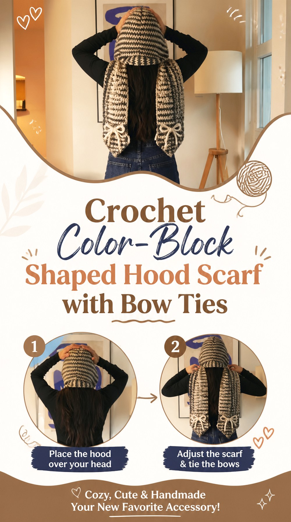 Crochet Color Block Shaped Hood Scarf with Bow Ties