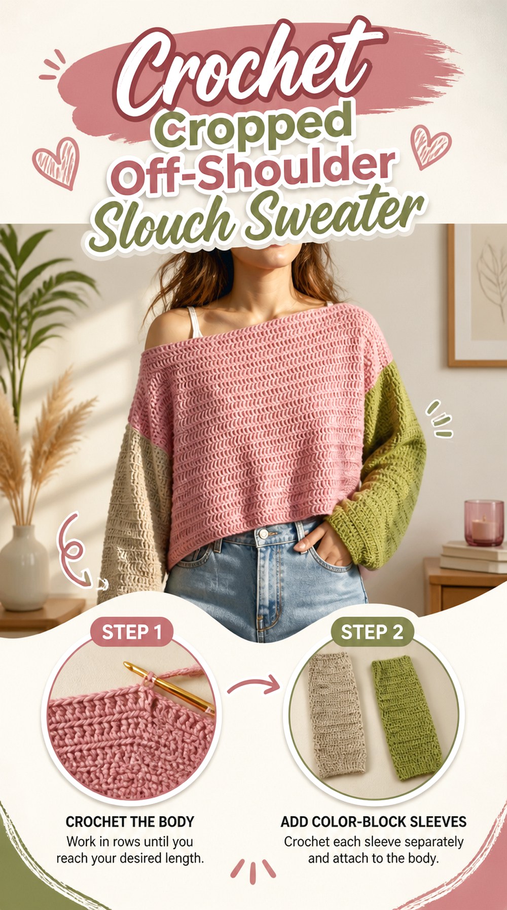 Crochet Cropped Off Shoulder Slouch Sweater