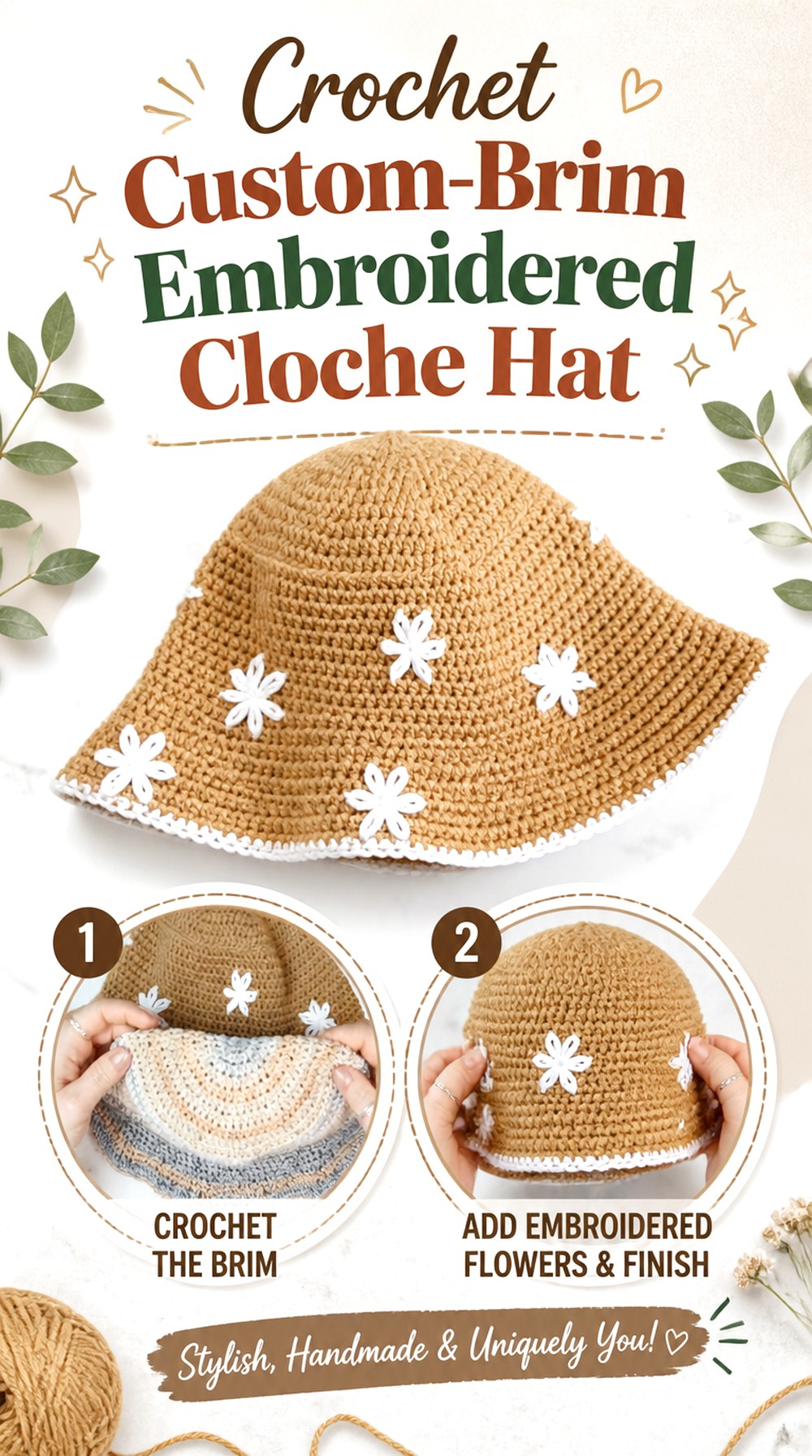 Crochet Custom Brim Embroidered Cloche Hat