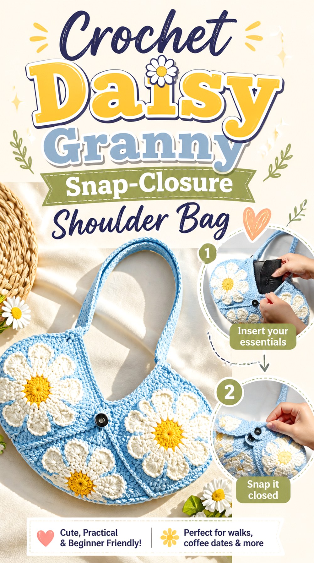 Crochet Daisy Granny Snap Closure Shoulder Bag