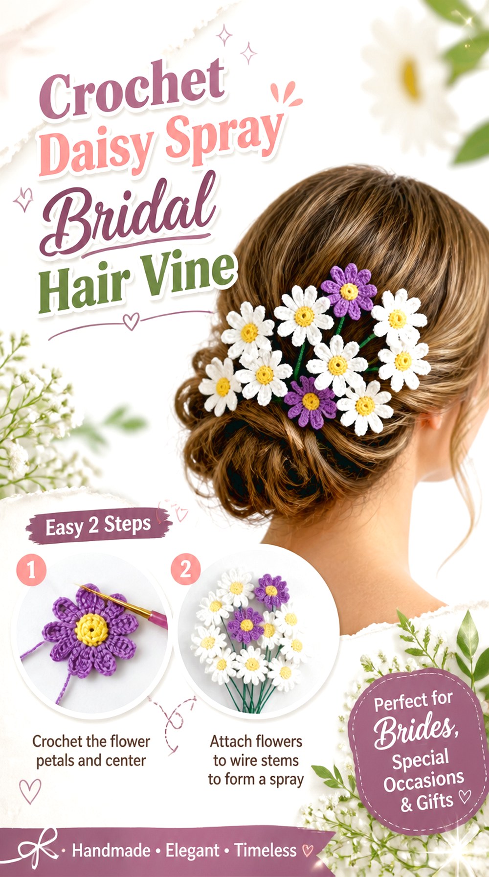 Crochet Daisy Spray Bridal Hair Vine