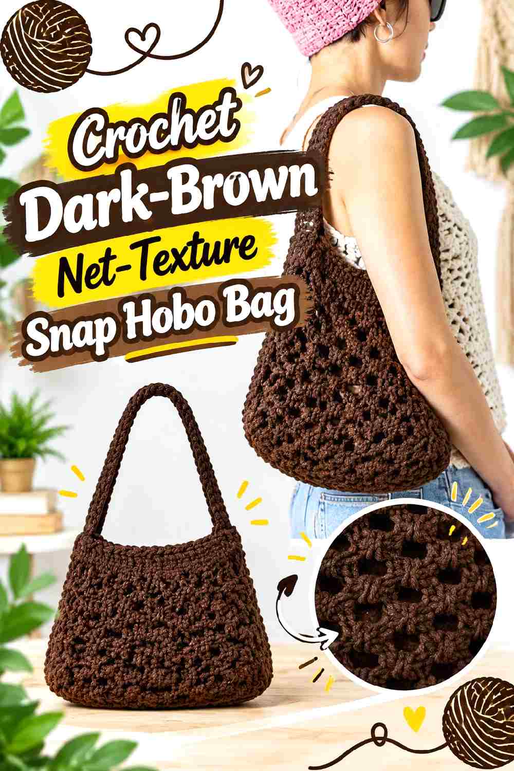 15. Crochet Dark Brown Net Texture Snap Hobo Bag