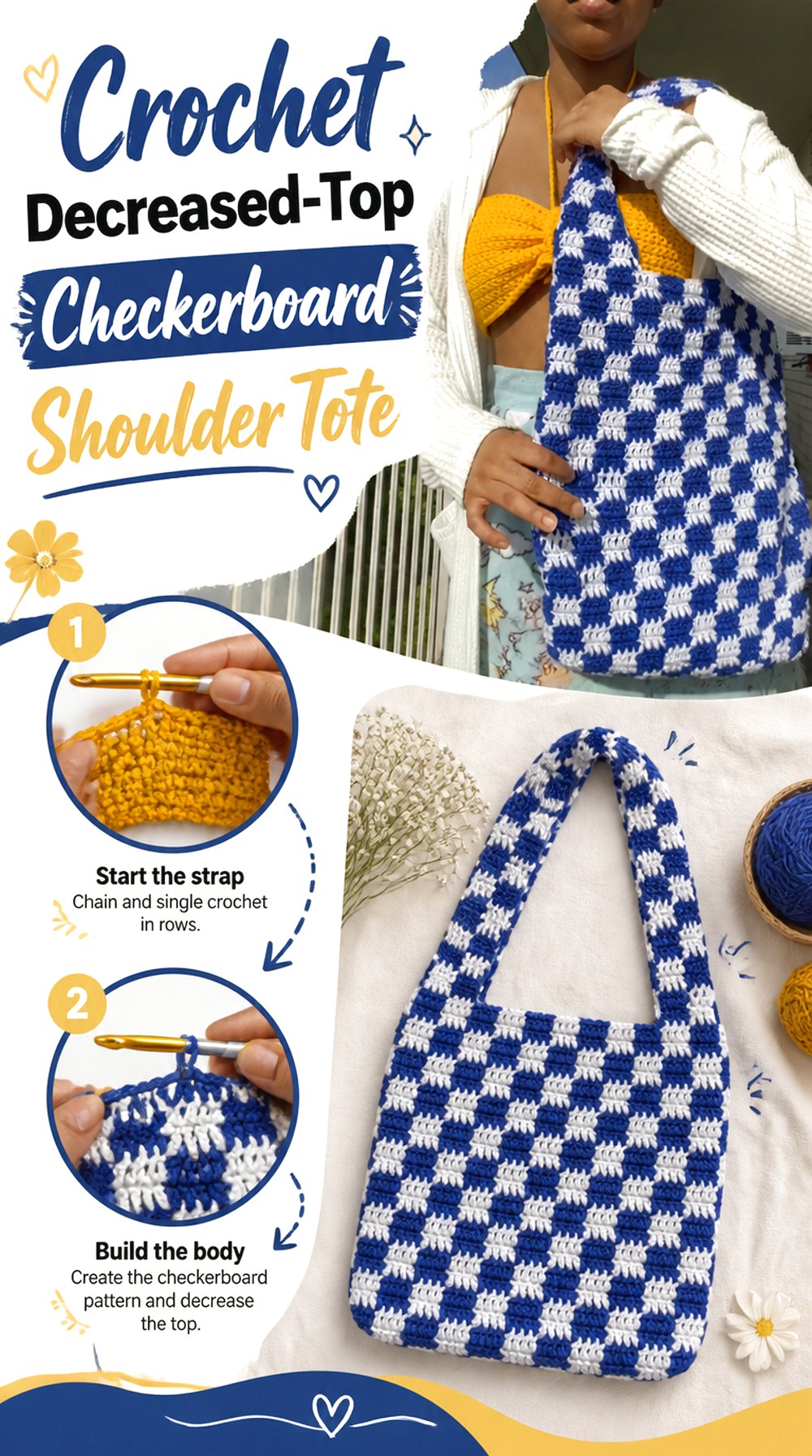 Crochet Decreased Top Checkerboard Shoulder Tote
