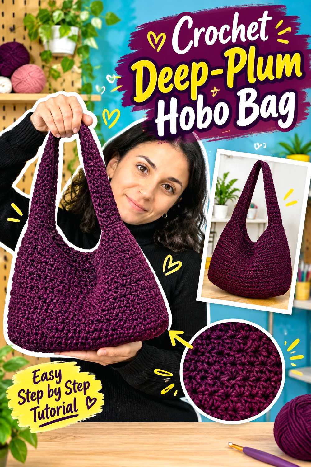 15. Crochet Deep Plum Hobo Bag