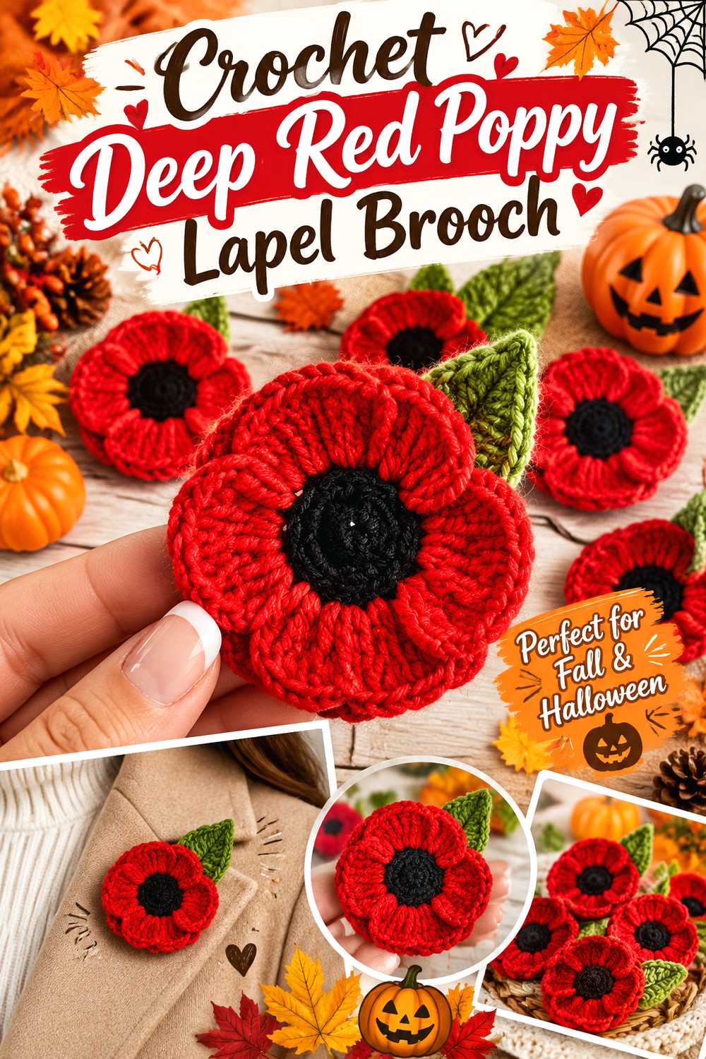 Crochet Deep Red Poppy Lapel Brooch