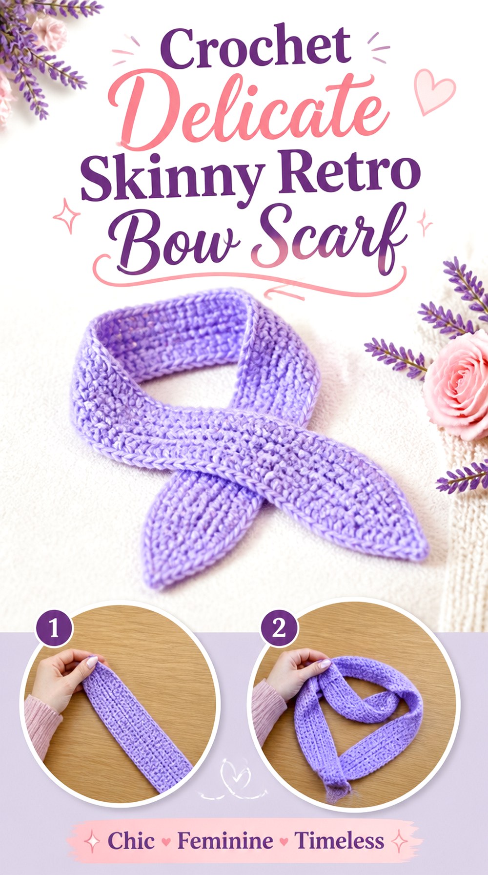 Crochet Delicate Skinny Retro Bow Scarf