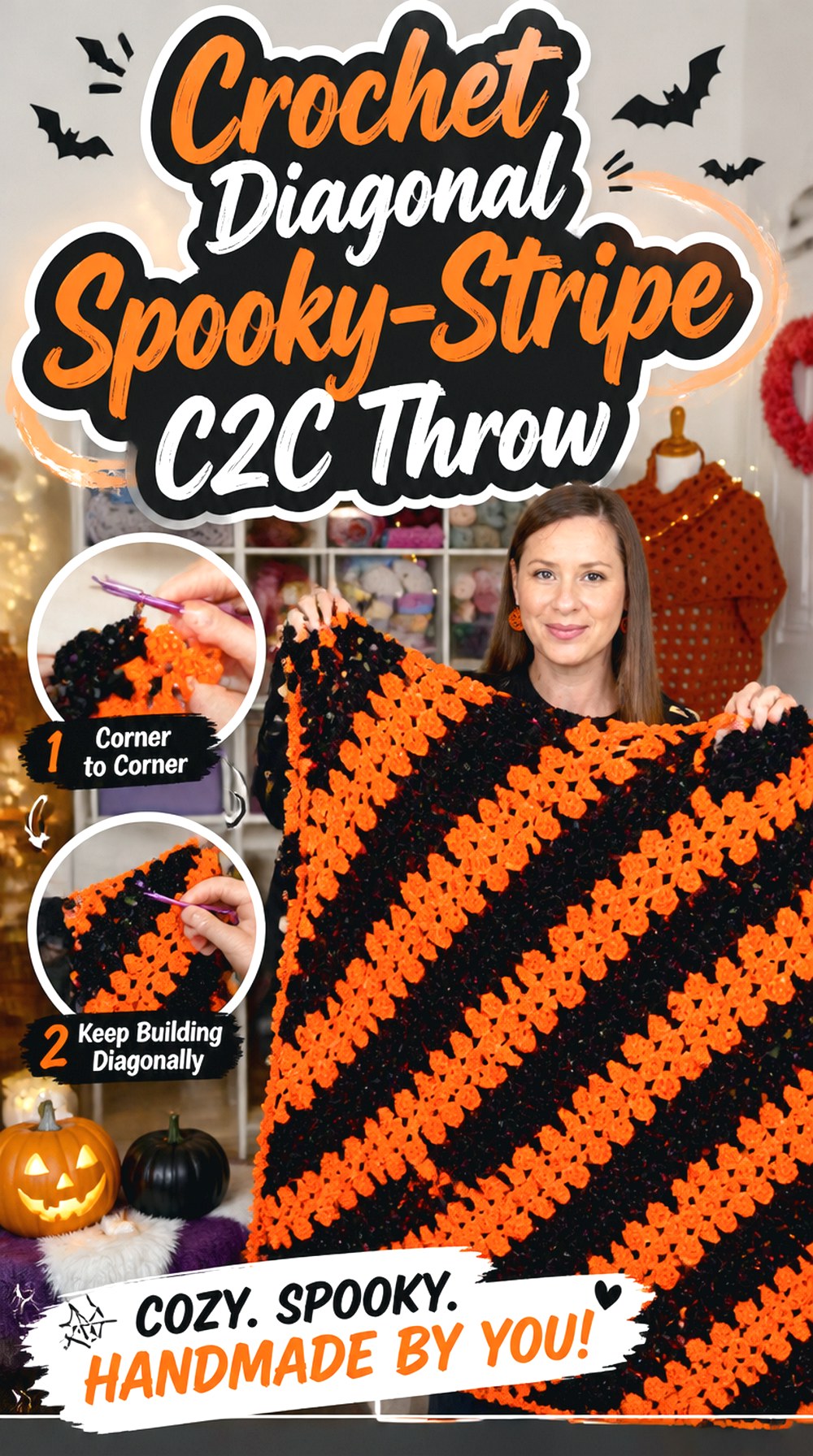 Crochet Diagonal Spooky Stripe CC Throw