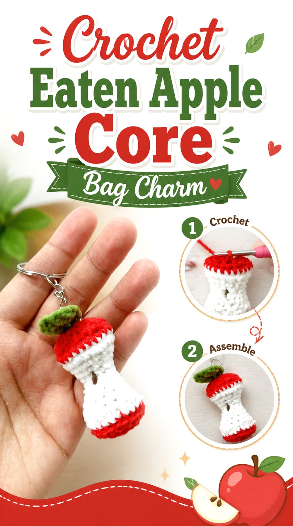 Crochet Eaten Apple Core Bag Charm