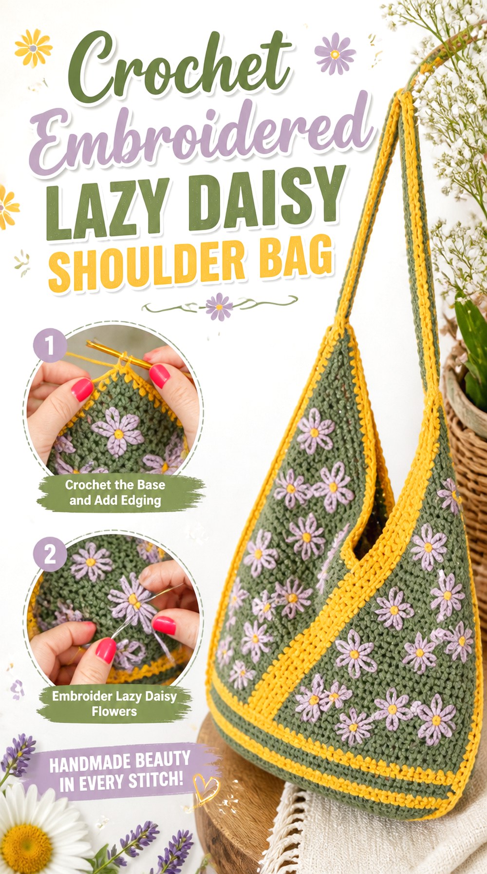 Crochet Embroidered Lazy Daisy Shoulder Bag