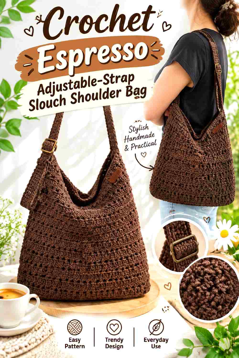 3. Crochet Espresso Adjustable Strap Slouch Shoulder Bag