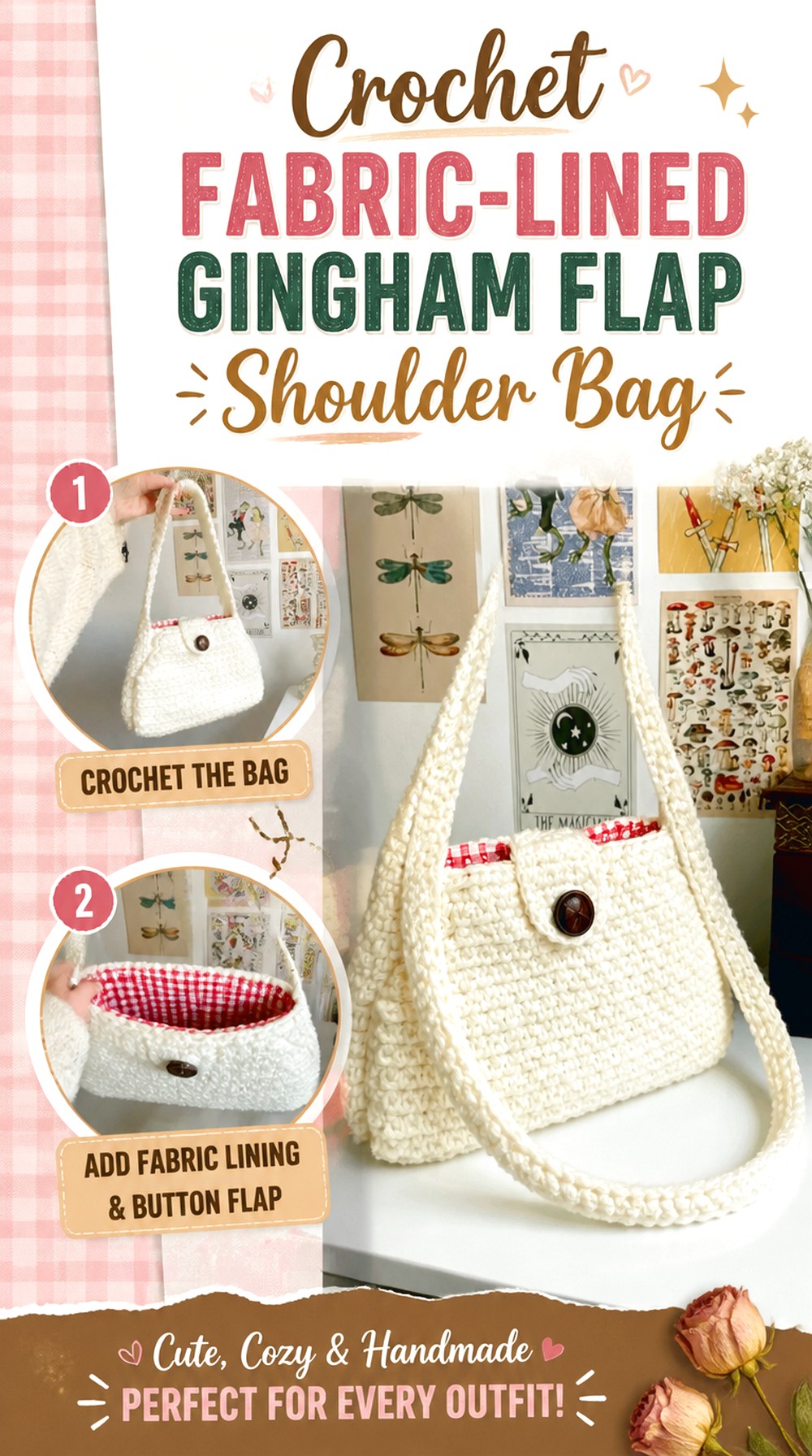 Crochet Fabric Lined Gingham Flap Shoulder Bag
