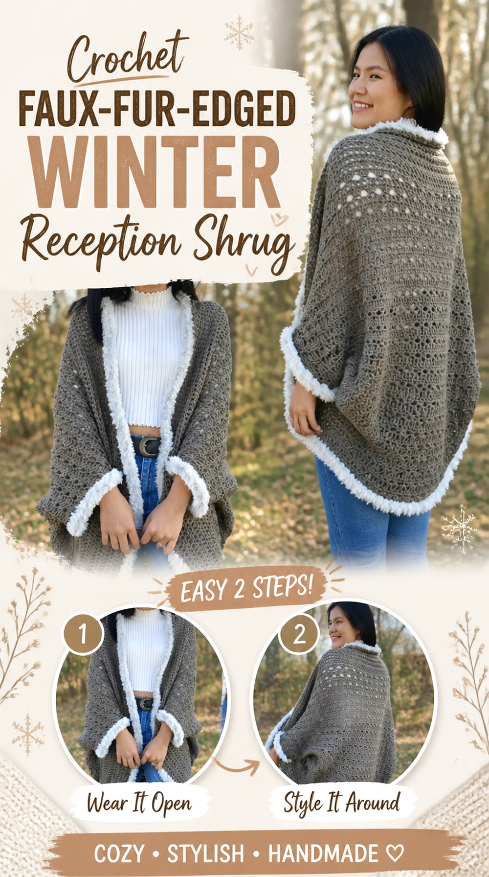 Crochet Faux Fur Edged Winter Reception Shrug