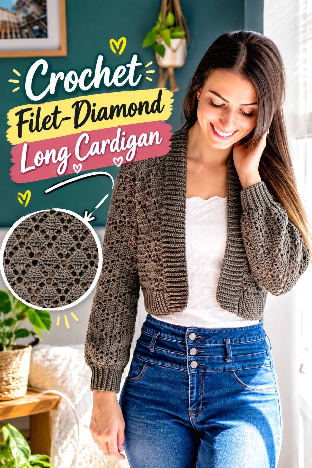 Crochet Filet Diamond Long Cardigan