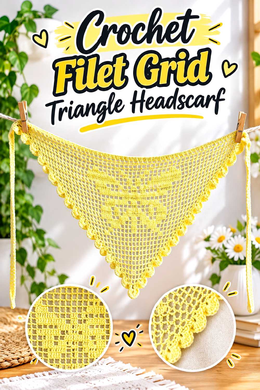 7. Crochet Filet Grid Triangle Headscarf