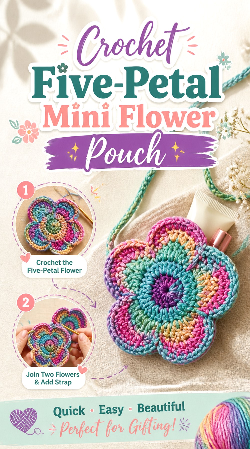 Crochet Five Petal Mini Flower Pouch
