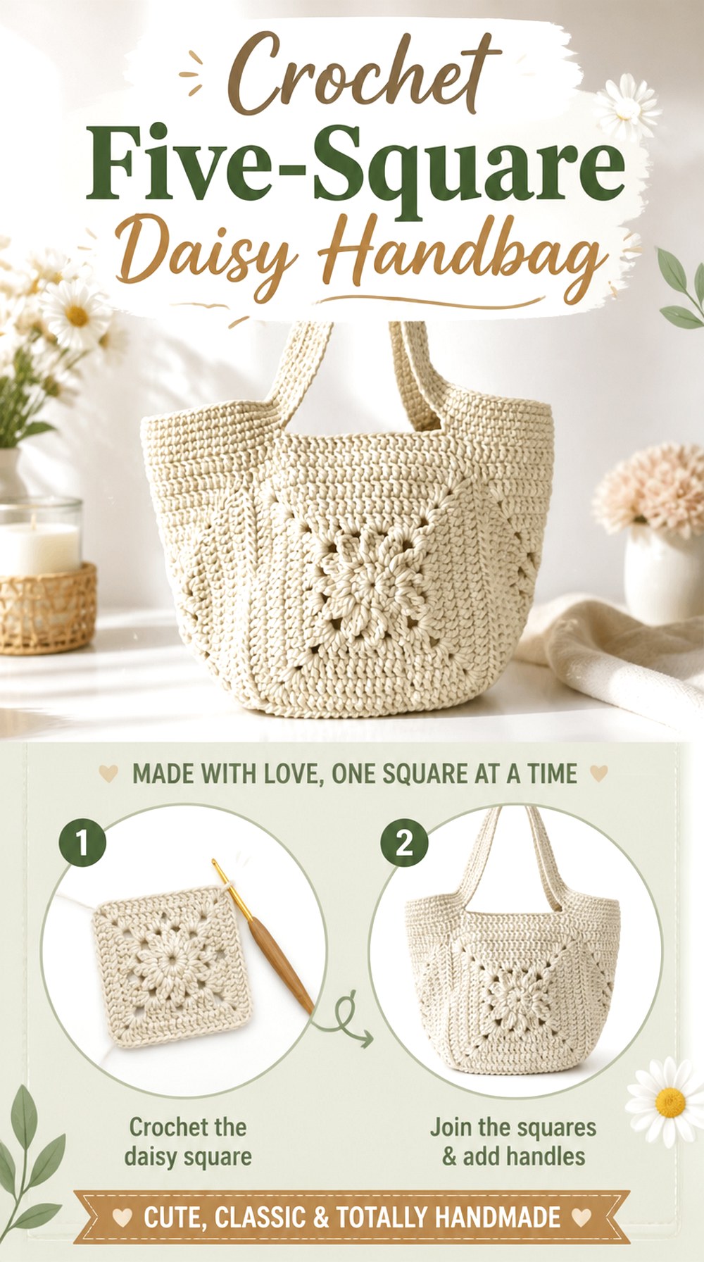 Crochet Five Square Daisy Handbag