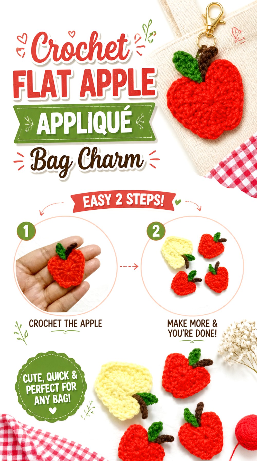 Crochet Flat Apple Appliqué Bag Charm