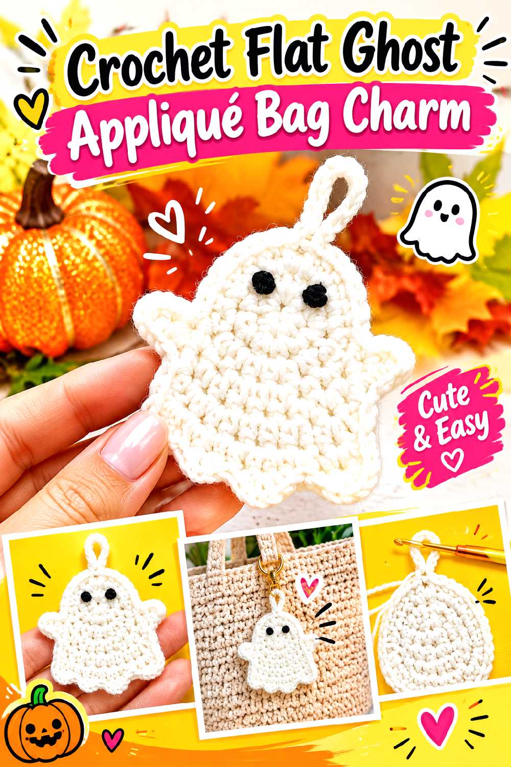Crochet Flat Ghost Appliqué Bag Charm