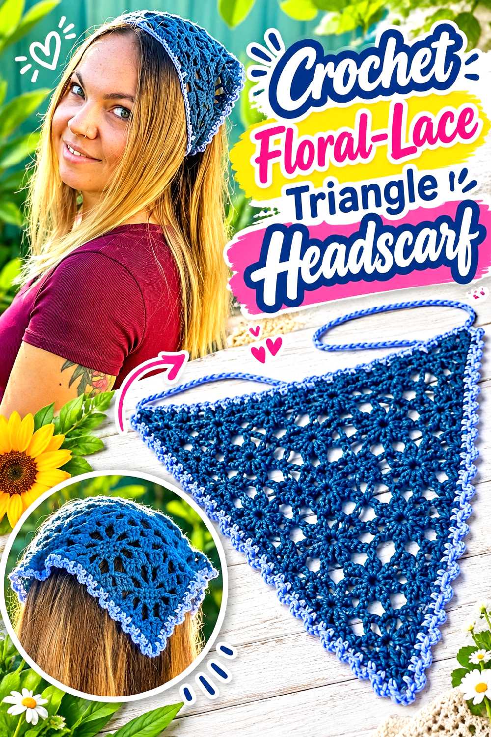 9. Crochet Floral Lace Triangle Headscarf