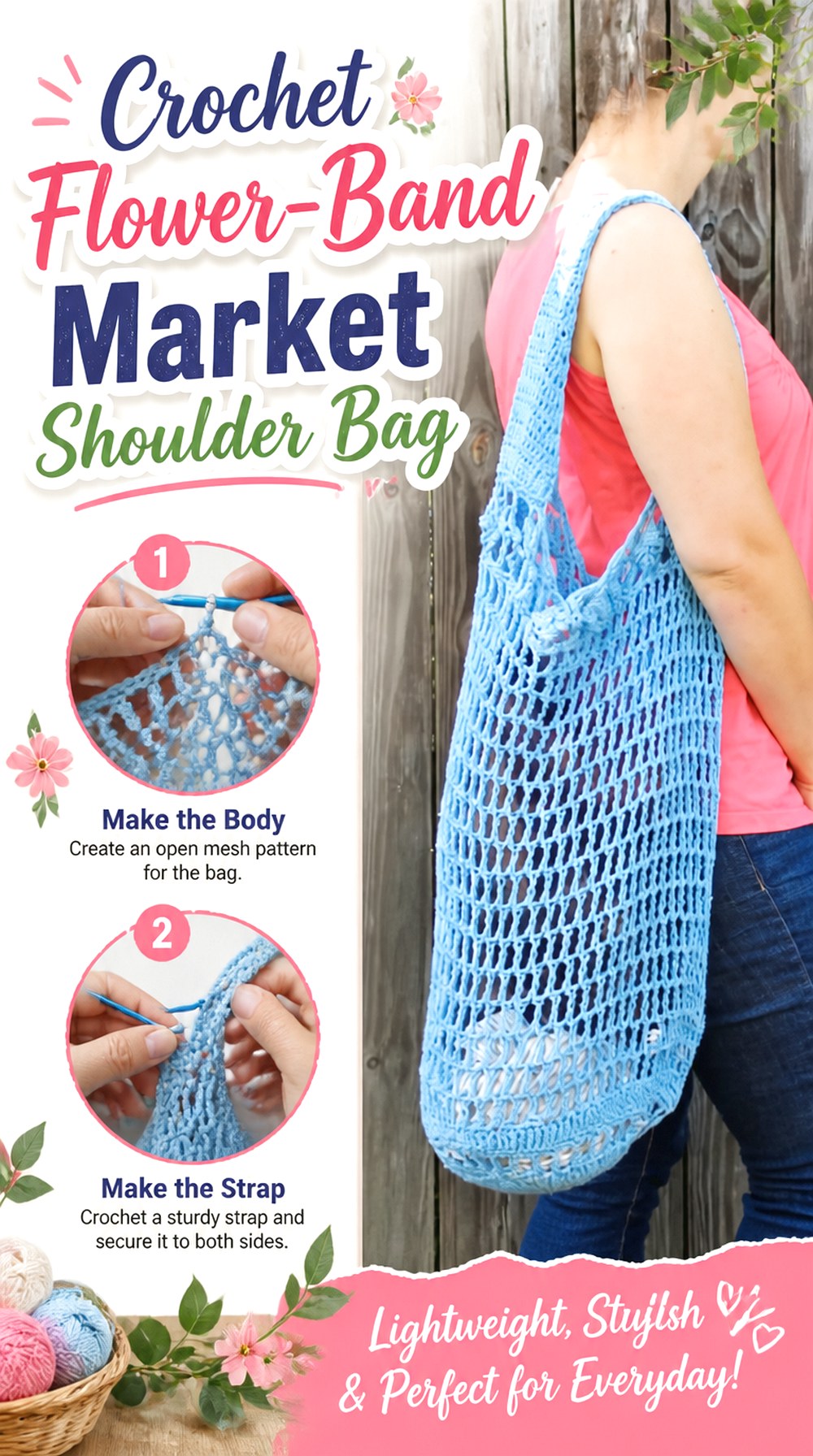 Crochet Flower Band Market Shoulder Bag