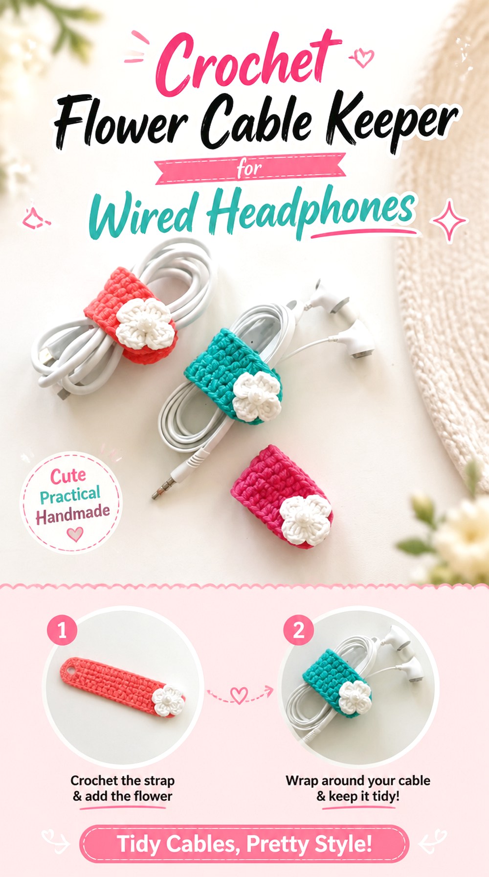 Crochet Flower Cable Keeper for Wired Headphones