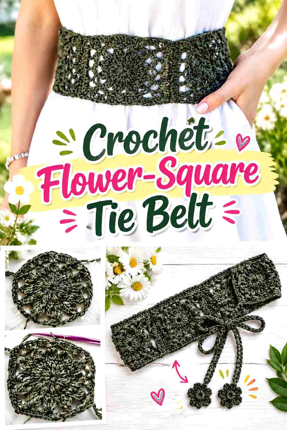 8. Crochet Flower Square Tie Belt