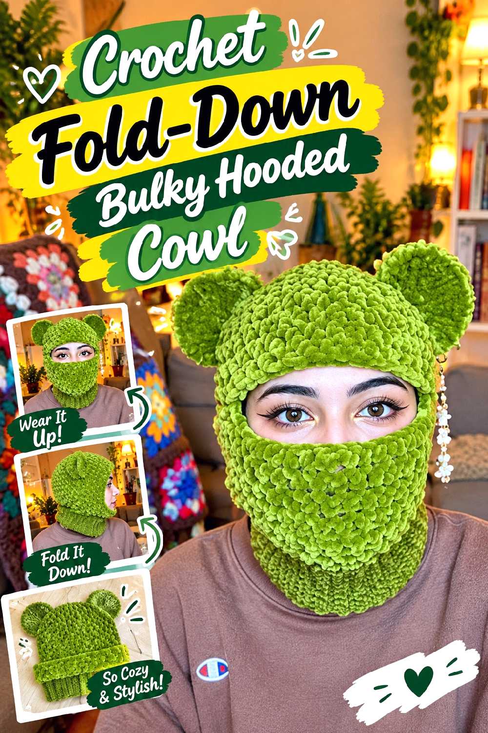 17. Crochet Fold Down Bulky Hooded Cowl