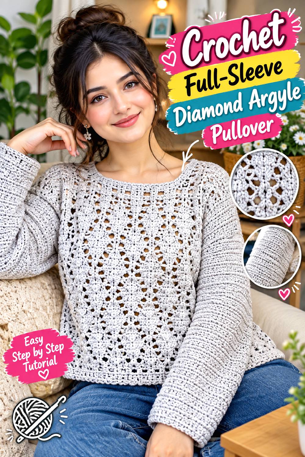 Crochet Full Sleeve Diamond Argyle Pullover