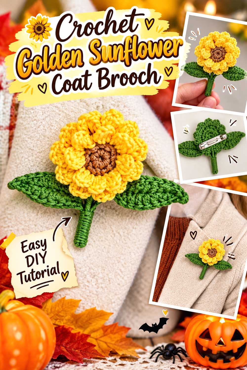 Crochet Golden Sunflower Coat Brooch