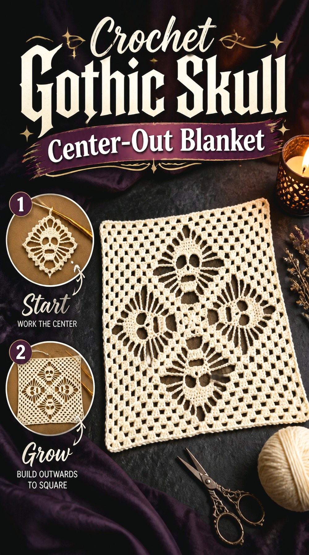 Crochet Gothic Skull Center Out Blanket