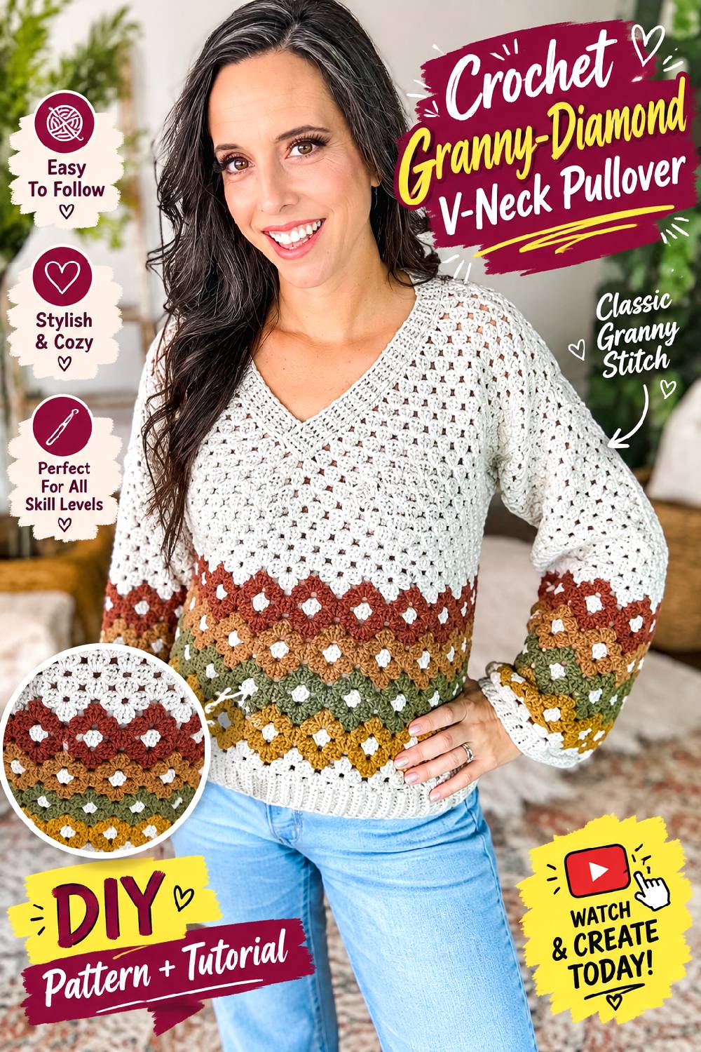 Crochet Granny Diamond V Neck Pullover