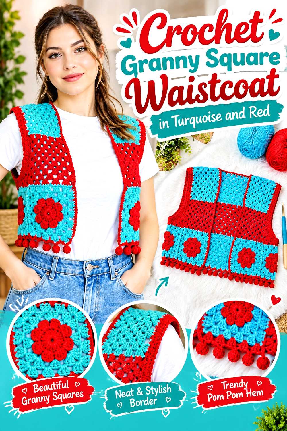 Crochet Granny Square Waistcoat in Turquoise and Red