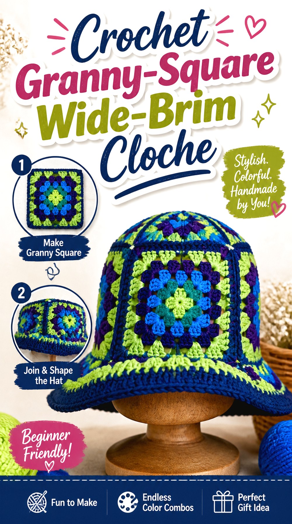 Crochet Granny Square Wide Brim Cloche